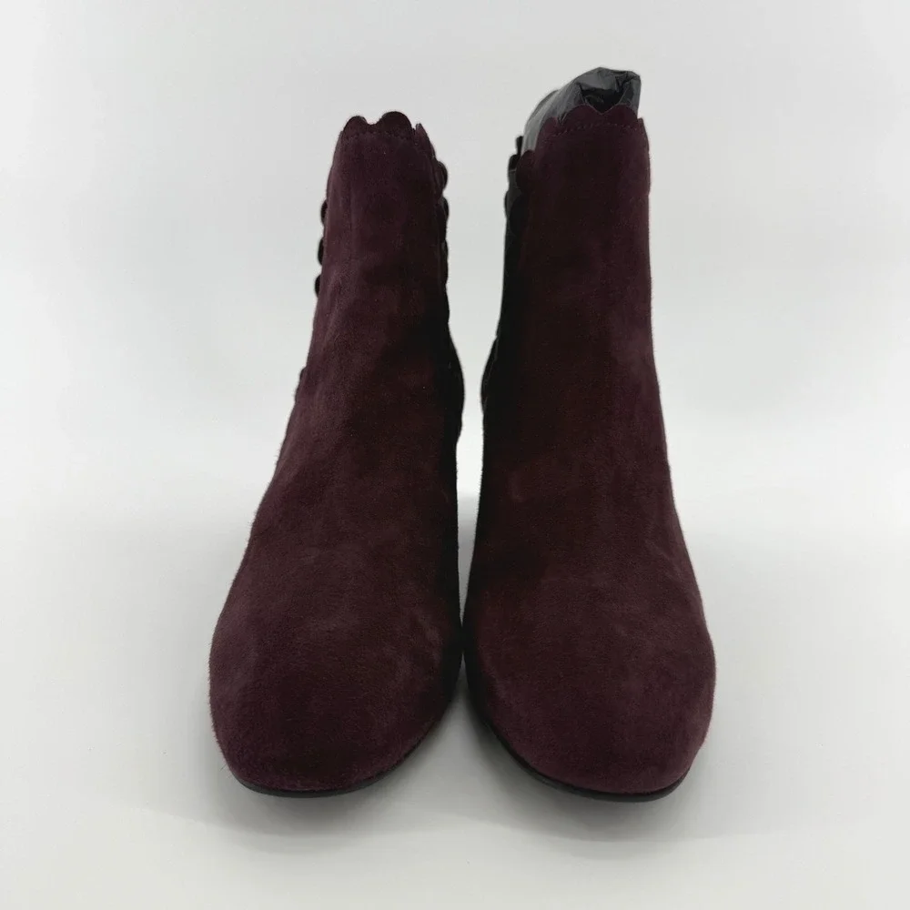 Ava & Aiden Burgundy Suede Scalloped Trim Block Heel Ankle Boots Size 38 Spain
